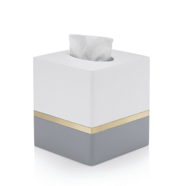 Essentra Home Day and Night Collection Square Tissue Box, White and Grey with Gold Stripe