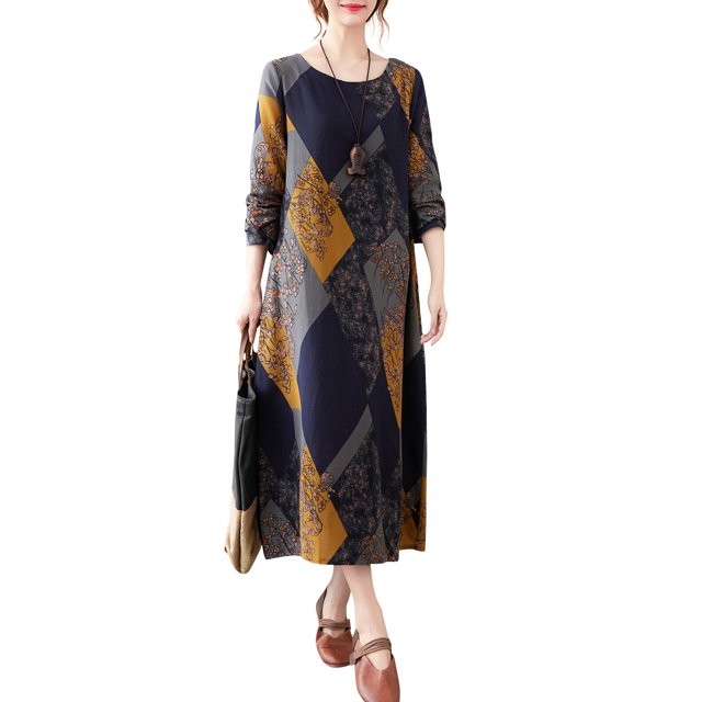 Vestido de manga larga vintage para mujer Vestido de fiesta bohemio suelto con bolsillo lateral esta Abanopi Grande