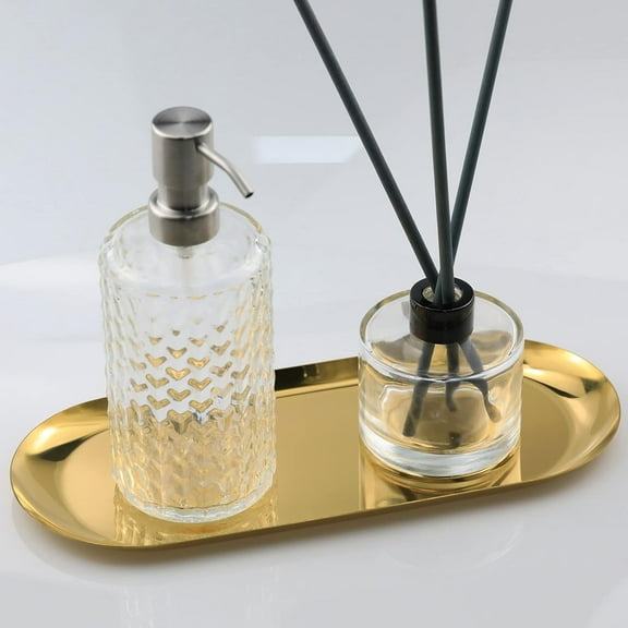 Gold Serving Tray, Oval Decorative Platter, Stainless Steel Brushed Decor Plate, 7 inch Cosmetics Jewelry Organizer,Decorative Trays for Bar Vanity Bathroom Candle Food Display Coffee Table Top