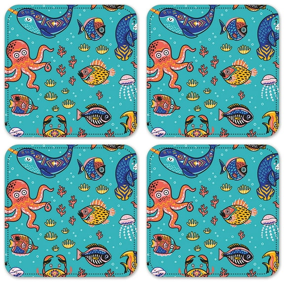 Vinyl Drink Coasters - Set of 4 - Whimsical Sea Creatures
