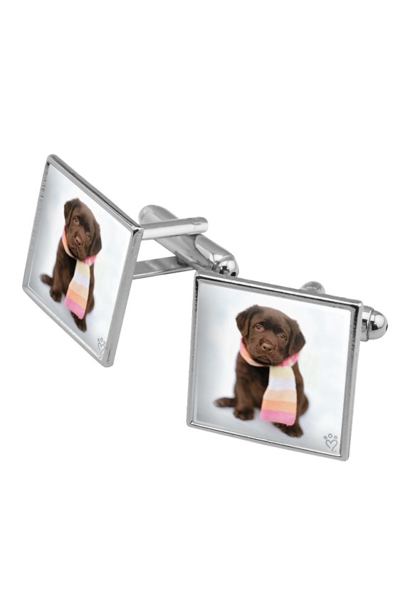 Lab Labrador Puppy Dog Wearing Scarf Square Cufflink Set - Silver or Gold