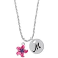 thumbnail image 1 of Delight Jewelry Silvertone Hot Pink and Purple Plumeria Flower Silvertone Script Initial Disc - M - Charm Necklace, 20"+3", 1 of 4