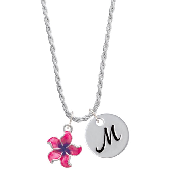 Delight Jewelry Silvertone Hot Pink and Purple Plumeria Flower Silvertone Script Initial Disc - M - Charm Necklace, 20"+3"