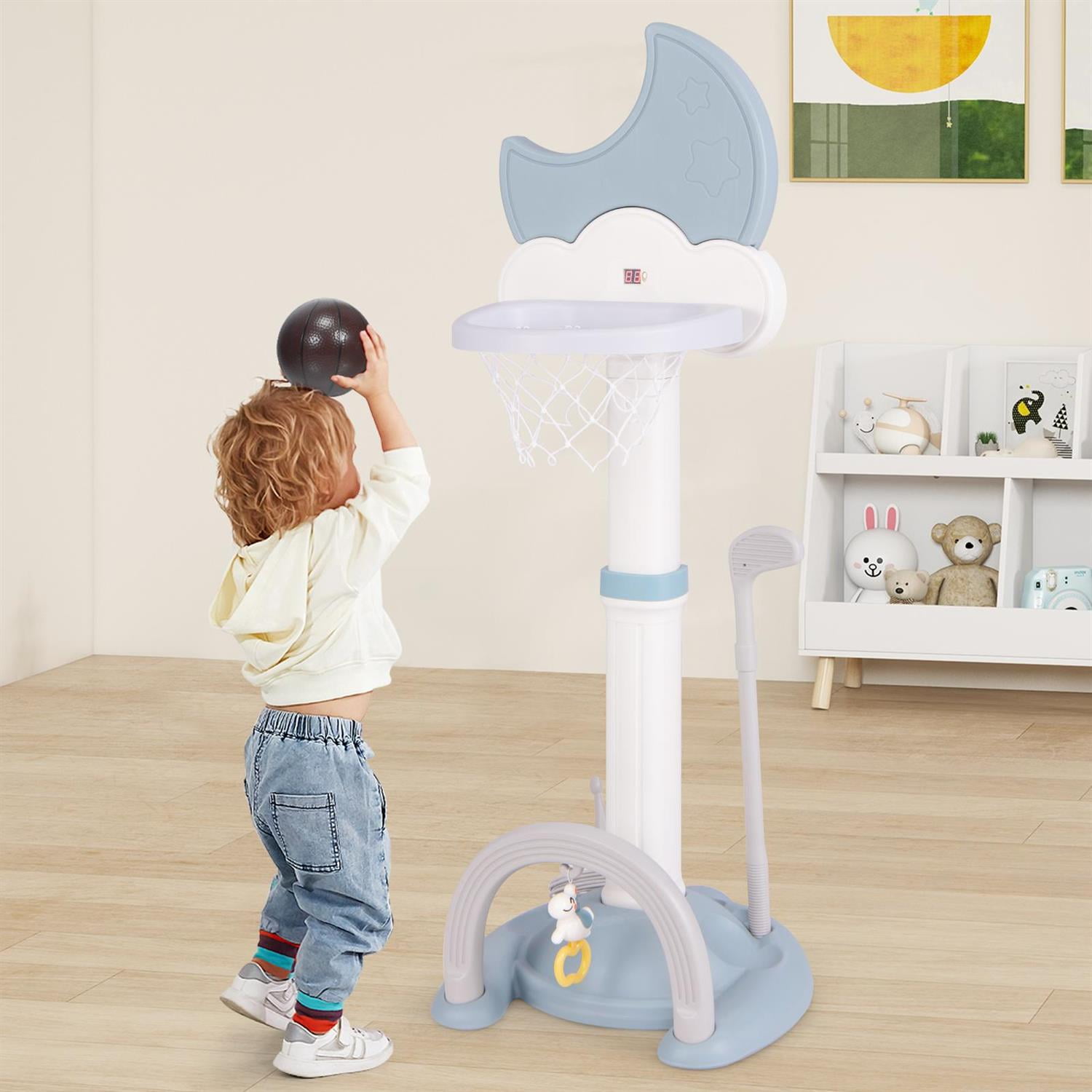 Demi Bonn 4-In-1 Basketball Hoop, Height-Adjustable Design, Electronic Scoreboard, Moon-Shaped Aesthetics, Indoor & Outdoor Play Set, Blue