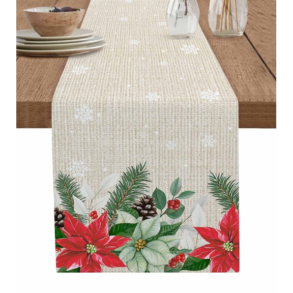 Christmas Poinsettia Table Runner 70 Inches, Xmas Eucalyptus Botanical Vintage Bed Runner Dresser Scarves Tabletop for Indoor Outdoor Parties/Ceremony/Banquet, 13" x 70"