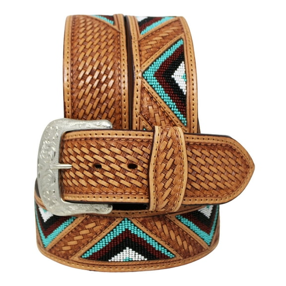 38 Western Men Women 2" Wide Basket Tooled Beaded Full-Grain Tan Leather Belt 26RS41U2