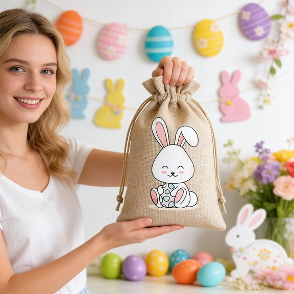 Easter Bunny Drawstring Bags – 3-Pack Natural Canvas Treat Sacks for Egg Hunt – Reusable Party Favor & Candy Gift Pouches,E
