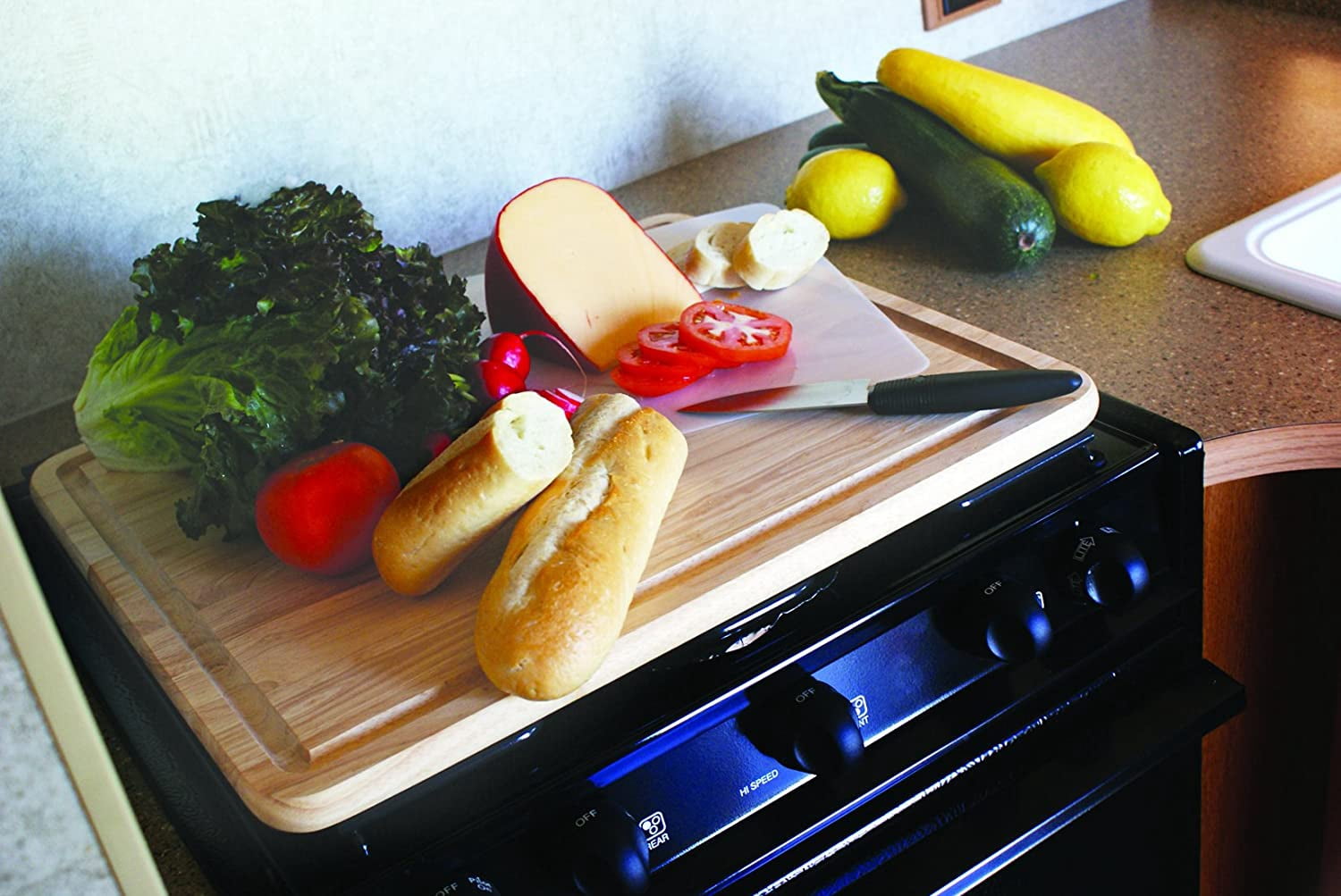 HJTER - Hardwood Cutting Board and Stove Topper with Non-Skid Backing, Includes Flexible Cutting Mat (43753)