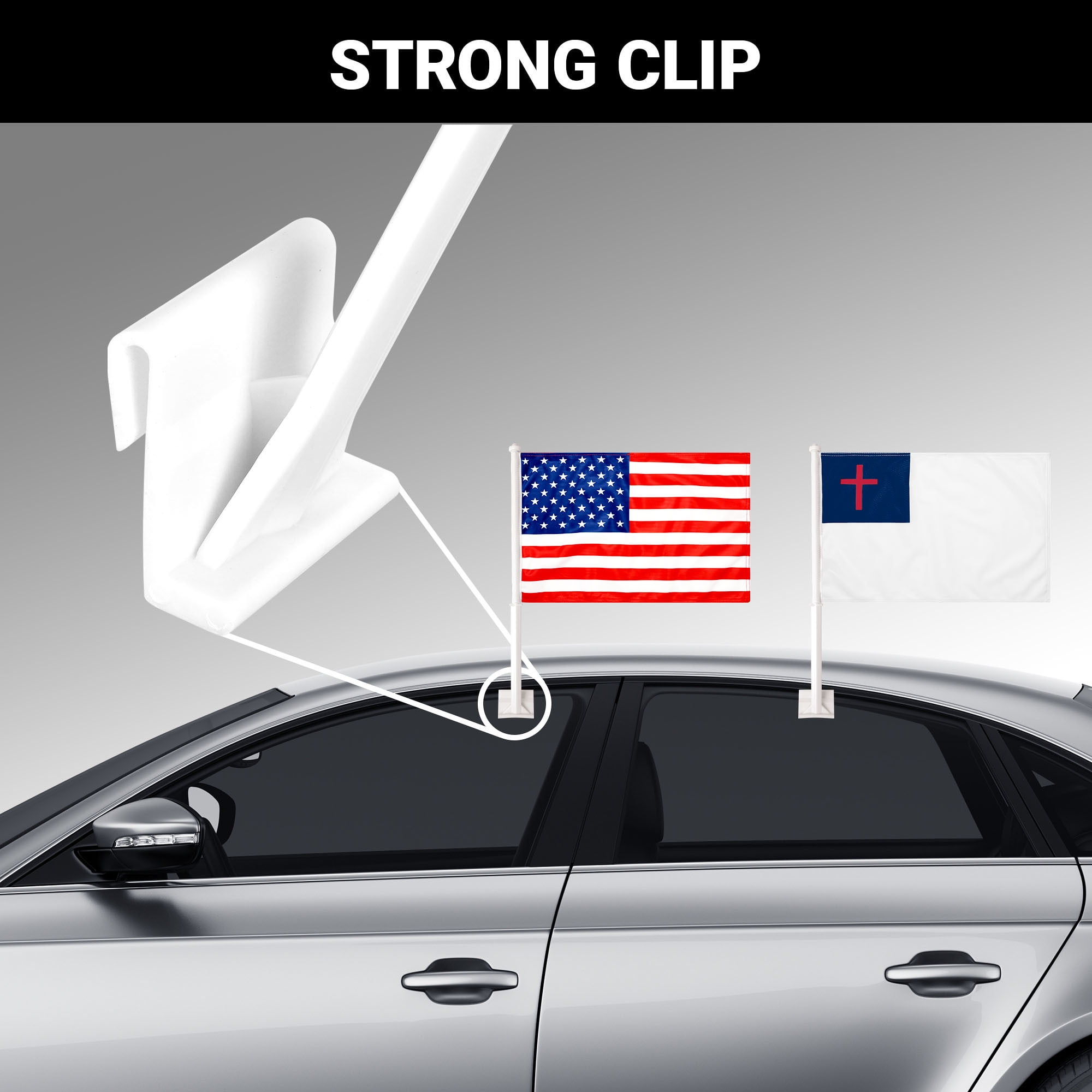 G128 Combo Pack: American USA Car Flag & Christian Religious Car Flag 11x17 In | Both Double Sided Printed 150D Polyester | Flagpole Included | Perfect for Festival Celebrations, Parades