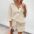 thumbnail image 6 of Women's Summer Linen 2 Piece Set V Neck 3/4 Sleeve Shorts Beach Casual, 6 of 8