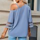 thumbnail image 4 of Camisa con hombros descubiertos para mujer, camiseta elegante con empalme de malla y manga acampanada transpirable a la moda para mujer, blusa azul gris XL, 4 of 7