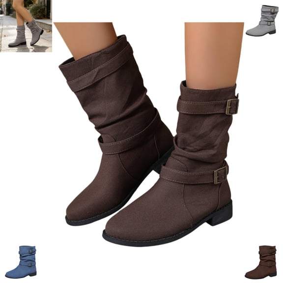 YOUYEDIAN Boots for Women Low Block Heel Versatile Mid Calf Comfy Fashion Double Buckle Deco Boots Outdoor Casual Round Toe Shoes