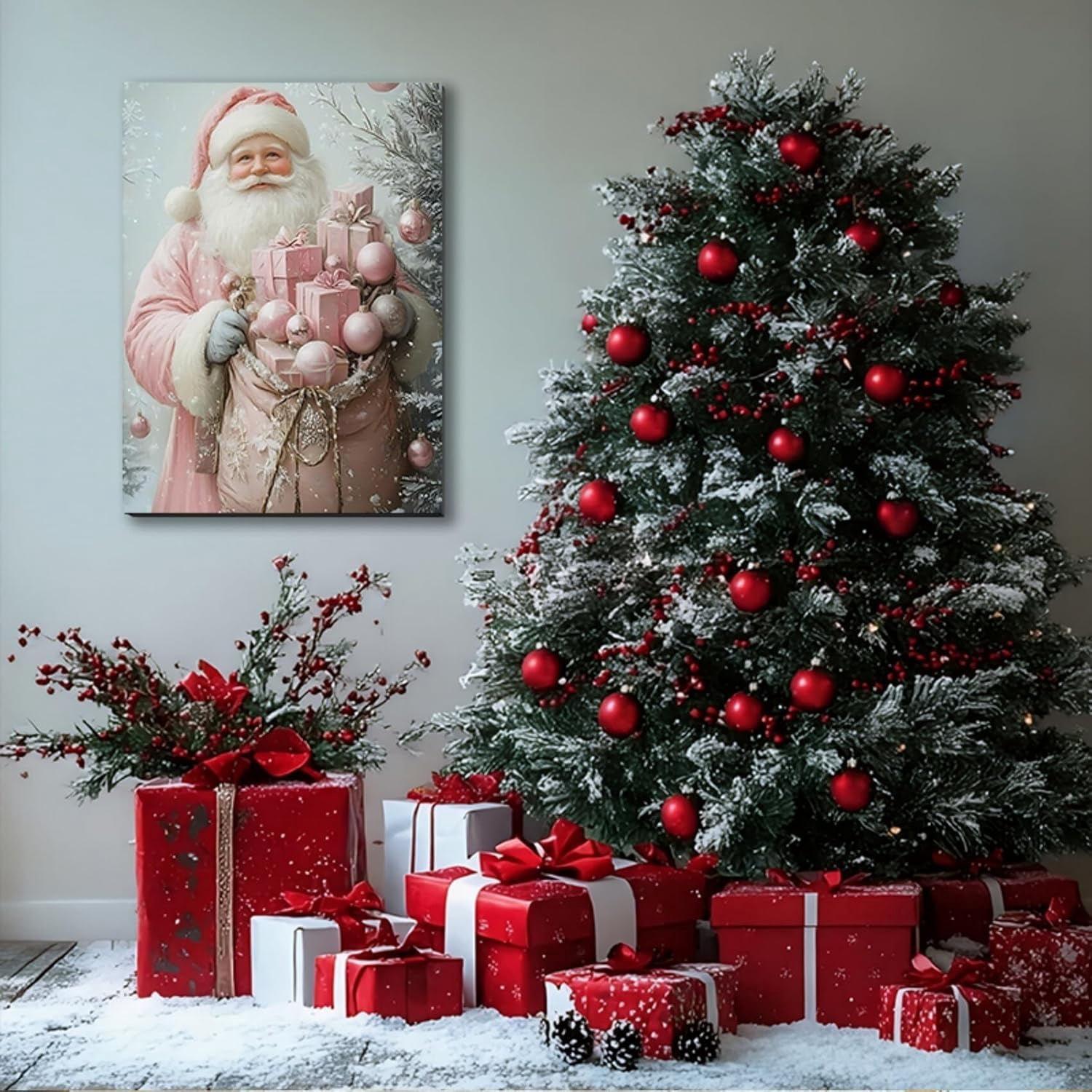 Pink Christmas Canvas Wall Art, Santa Elegant Pictures for Girls Bedroom And Festive Party Wall Decorations, Christmas Gift for Womens, Framed Painting Ready to Hang