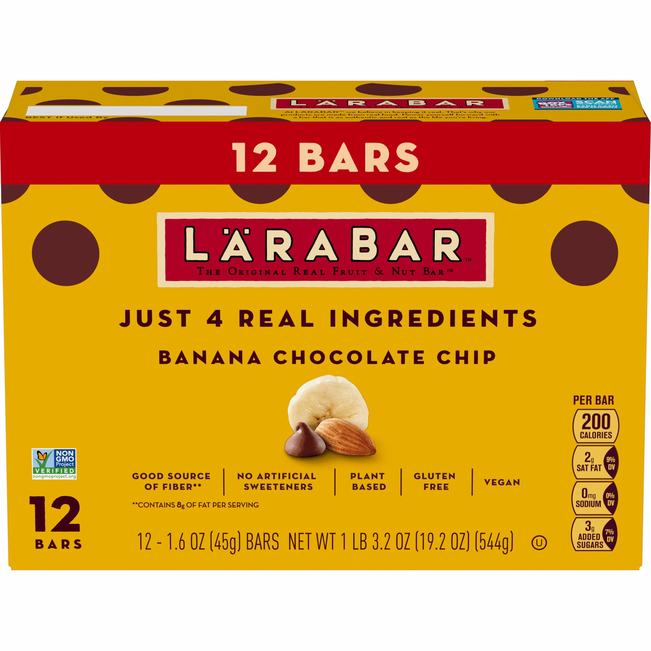 Larabar Banana Chocolate Chip, Fruit and Nut Bars, Gluten Free and Vegan, 19.2 oz, 12 Ct