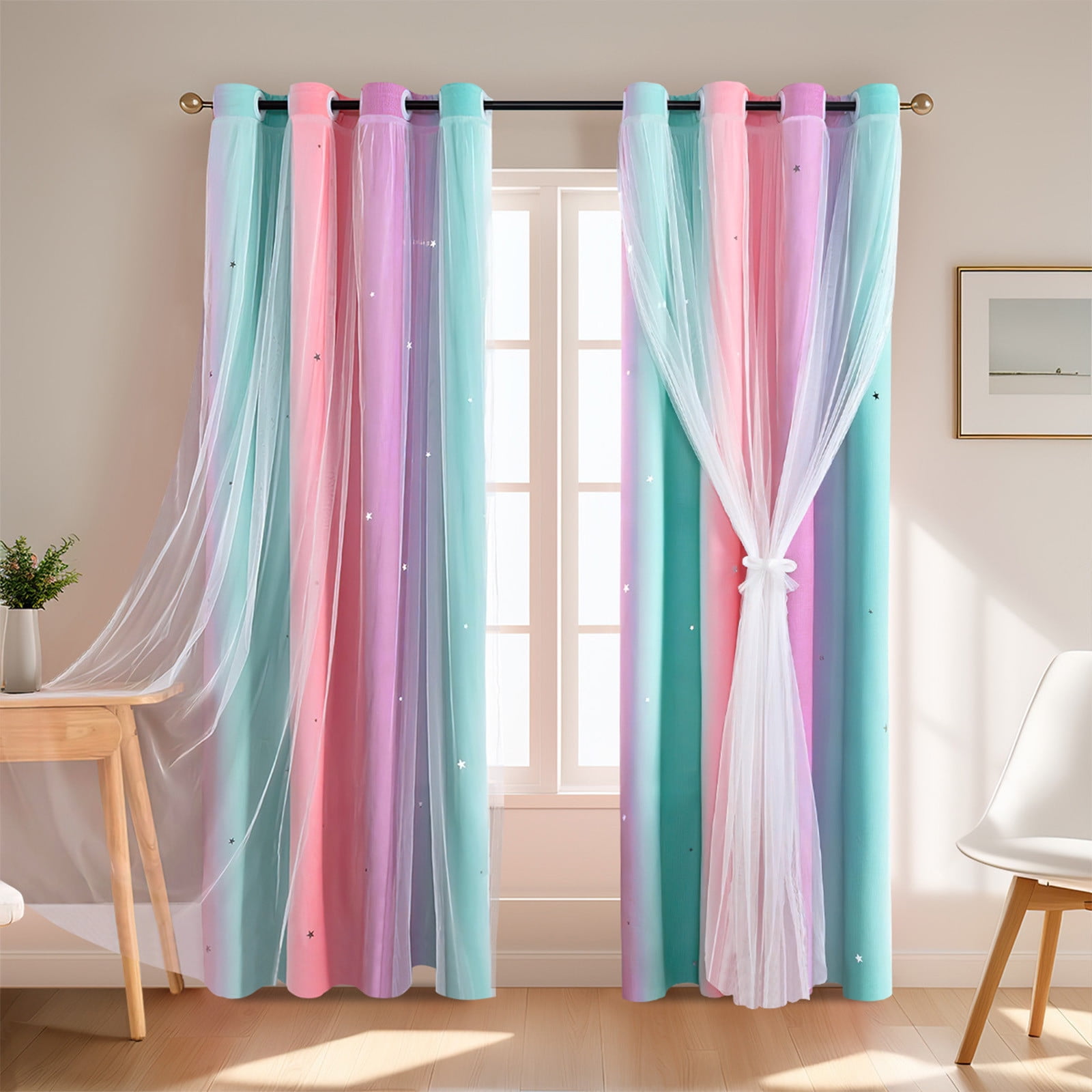 Ombre Rainbow Blackout Curtains for Girls Bedroom Living Room Darking Stripe Double Layer Star Cut Out Wall Home Decor Gradient Grommet Window Curtains (1 Panel, 39.37×51.18in)