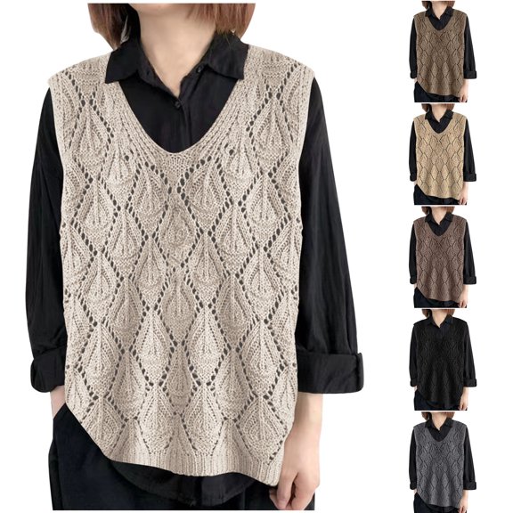 Rvasteizo Tank Tops for Women Solid V Neck Knit Sleeveless Loose Hollow Pullover Breathable Ladies Blouse