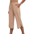 thumbnail image 4 of Floleo Women's solid cropped pants with elastic drawstring waist side pockets and side slits for summer casual daily wear relaxed fit capri trousers, 4 of 7