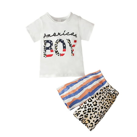 

Jerdar Summer Clothes Set for Kids Independence Day Toddler Baby Boys Stripe Leopard Print Short Sleeve Shorts Pants Suit White 3-4 Years