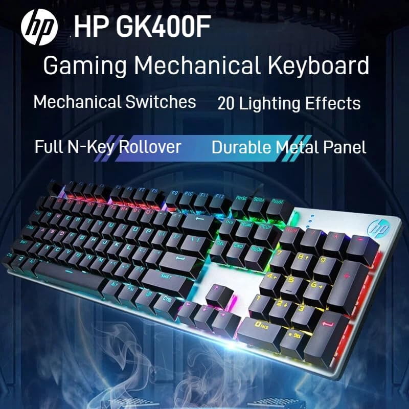 HP GK400F Wired Mechanical Keyboard – 104-Key Brown Switches, USB Connection, Dual-Use for Office & Gaming, Silver/Gunmetal/Black, Mixed-Color Backlight, Top-Printed Keycaps