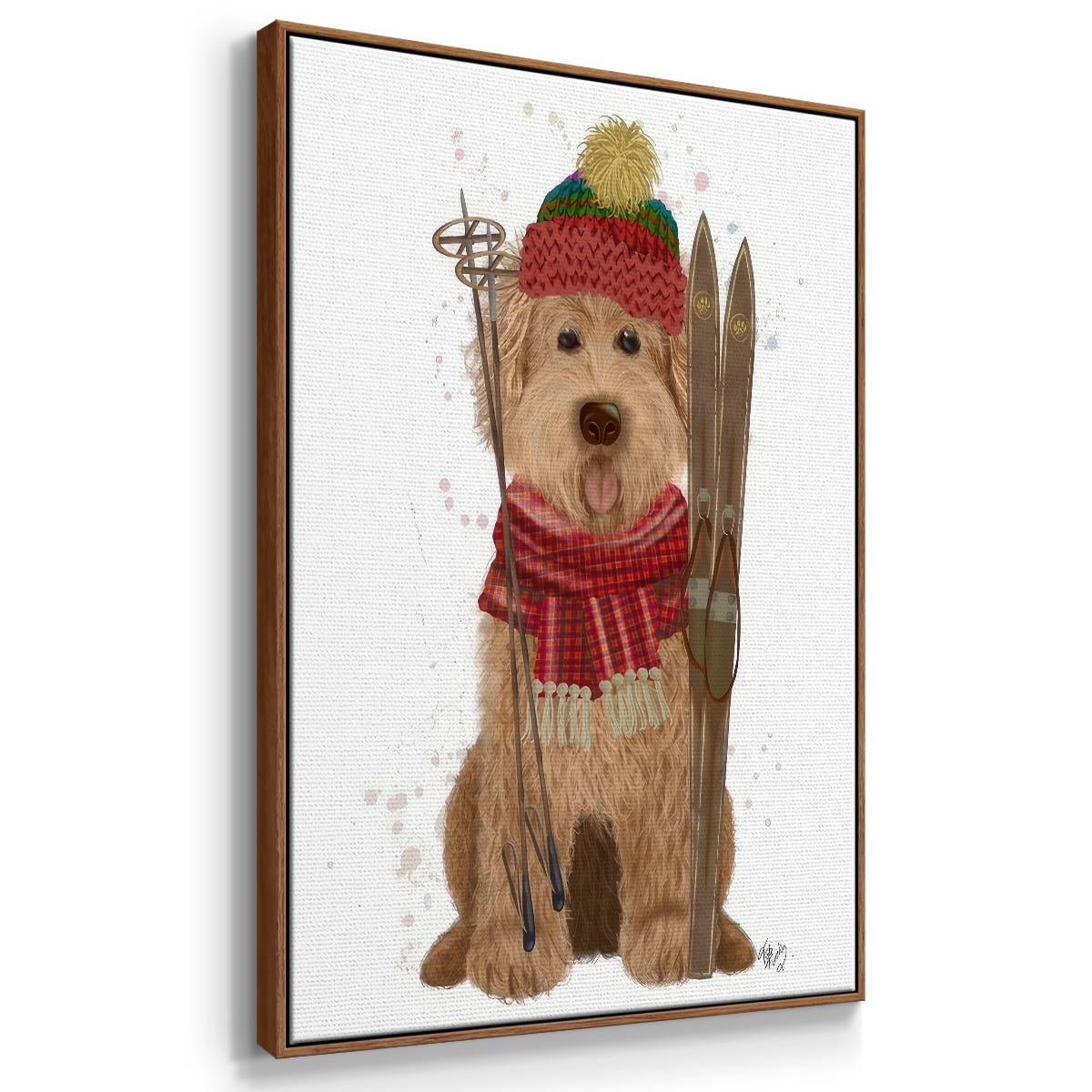 Goldendoodle Ski Dog - Framed Gallery Wrapped Holiday Canvas - 25 x 37 - Rosewood Frame
