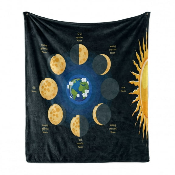 Moon Phase Soft Flannel Fleece Throw Blanket, Simplistic Infographic with Sun Earth and Lunar Movements Childish Doodle, Cozy Plush for Indoor and Outdoor Use, 50" x 70", Multicolor, by Ambesonne
