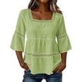 thumbnail image 3 of Craaazy Tops for Women 3/4 Sleeve Relaxed Fit Solid Color Square Neck Cotton Linen Tees for Casual Outings, Summer Vacation, 3 of 6