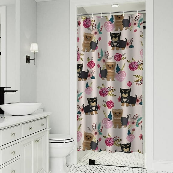 Yorkie and Pioneer Flower Shower Curtain 36"x72" ,Bathroom Decorative Shower Curtains Set with 12 Hooks,Modern Waterproof Washable Shower Curtain