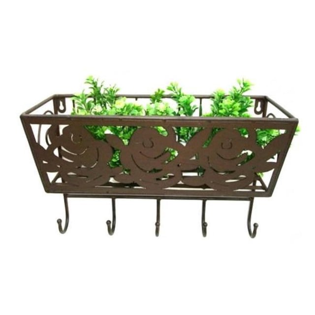 Metal With Floral Design And Hooks Wall Planter