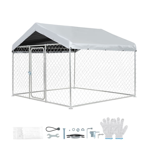 KFFKFF Outdoor Dog Kennel, 6.56 x 6.56 x 5.25 ft Large Dog Kennel with Secure Lock, Outside Dogs Enclosures with UV-Resistant & Waterproof Roof Cover, Pet Crate Cage Run