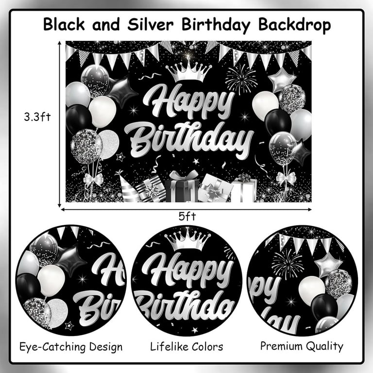 Black Ribbon with Silver Writing - Happy Birthday Decoration for Birthday  (Black) …