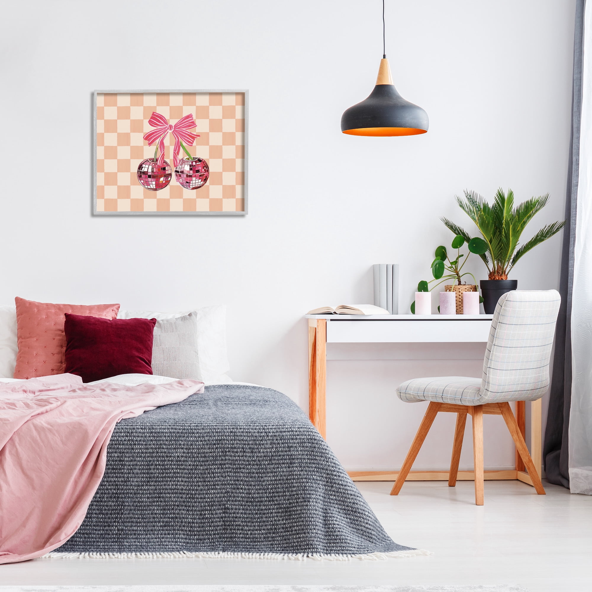 Stupell Industries Checkered Cherry Fruits Food & Beverage Painting Gray Framed Art Print Wall Art, 30 x 24