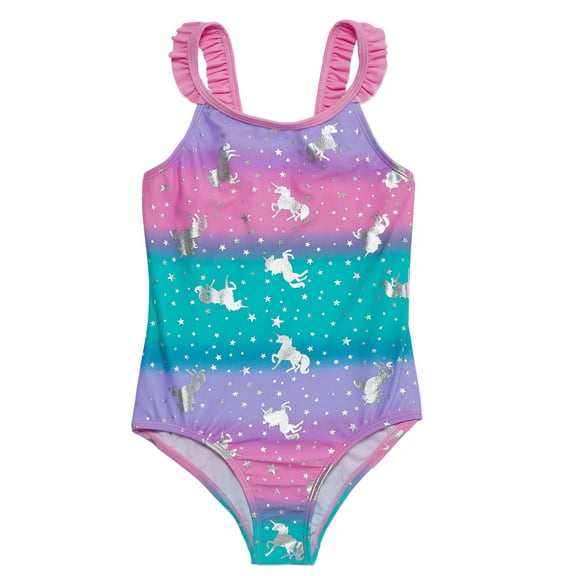 Girls Pink/Purple Ombre Silver Unicorn 1 pc Ruffle Strap Swimsuit (XS 4/5)