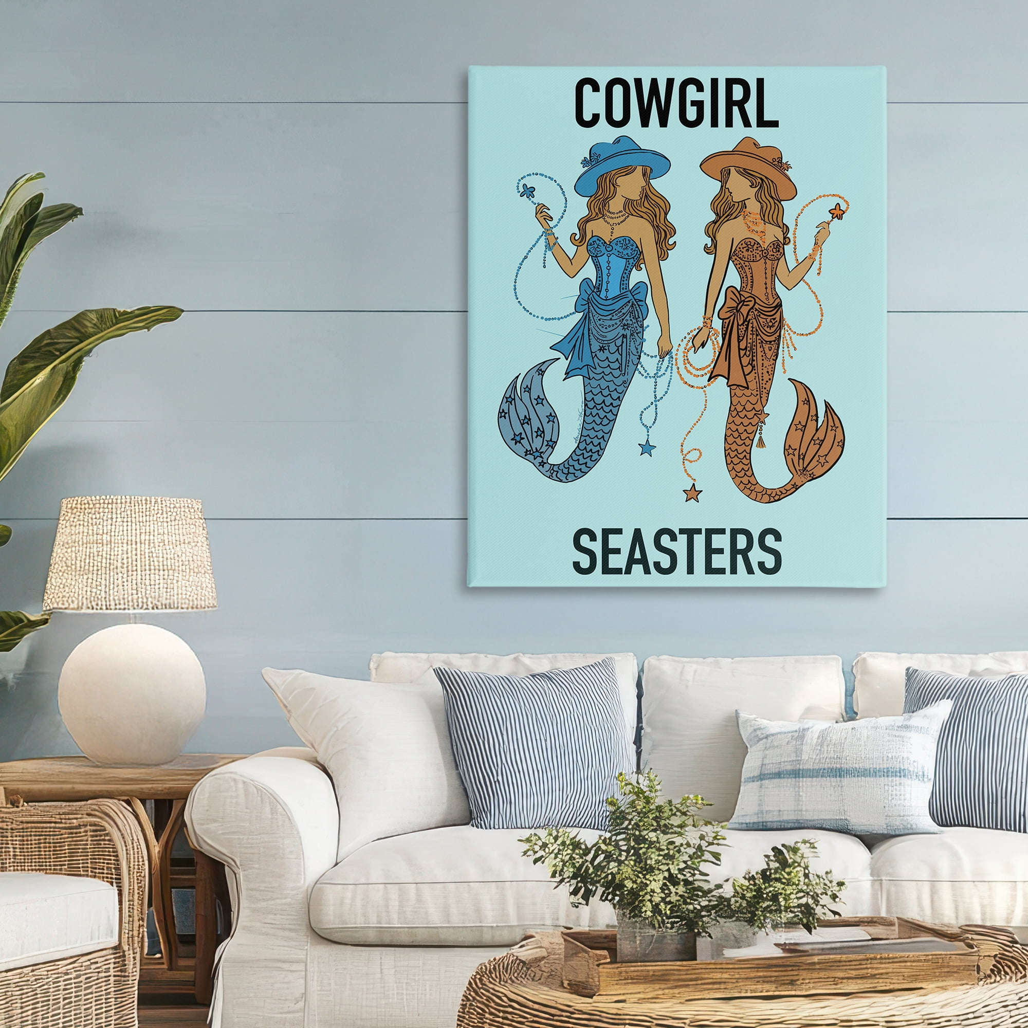 Cowgirl Seasters Mermaid Friendship Canvas Wall Art, design by Amelia Noyes