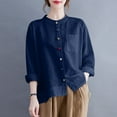 thumbnail image 4 of Womens Athletic Tops Shirts Solid Color Color Button Retro Art Loose Womens Clothes,Navy,L, 4 of 7