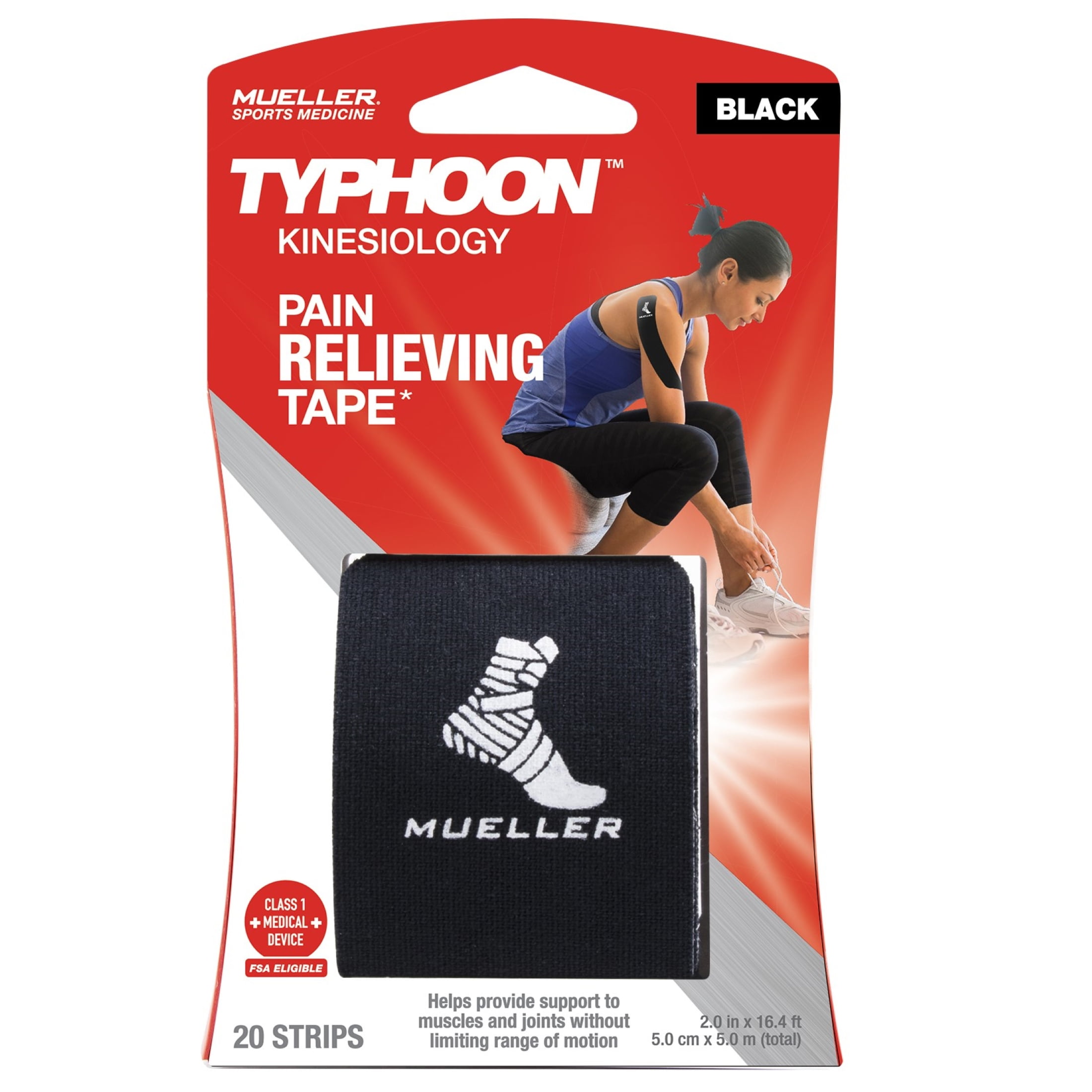 (3 pack) Mueller Typhoon Black Kinesiology Therapeutic Tape, 20 Precut I-Strips
