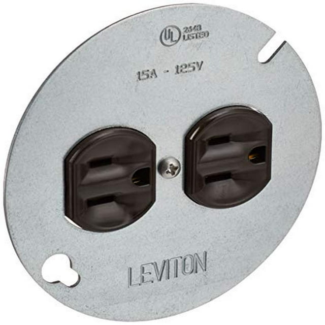 tomacorriente eléctrico leviton 1228 dúplex 15a 125v cubierta metálica marrón placa metálica de 10 cm grabada "LEVITON" y marcada "15A - 125V"; dos tomacorrientes NEMA dúplex marrones, tornillo central y orificio de montaje visibles, correa de montaje de acero y diseño poco profundo para mayor espacio de cableado; ideal para instalación residencial en caja doble.