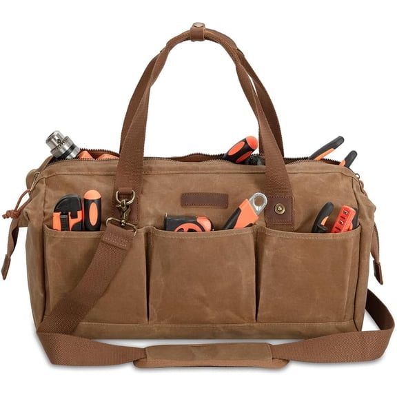 Heavy Duty Waxed Canvas Tool Bag 18-Inch, 12-Pocket Portable Empty Tool Box Organizer Storage, Toolbox Organization, Soft Handle Carrying Toolbag with Large Zipper, Father Day/Men Birthday Gift