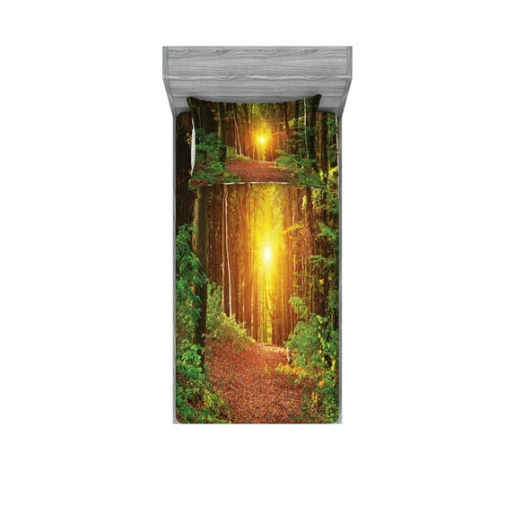 Forest Bedding Set with Sheet & Covers, Reflection Deep in the Forest Birches Trees Nature Fall Fantasy Scenery, Printed Bedroom Decor 2 Shams, 4 Sizes, Green Brown, by Ambesonne