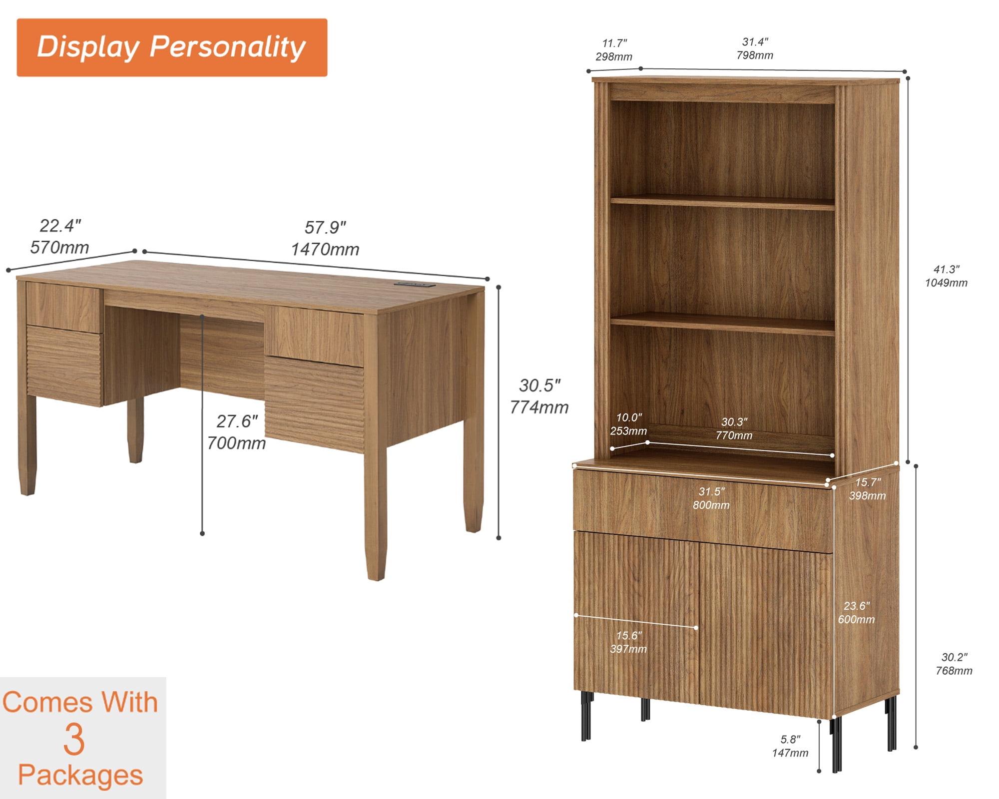 WAMPAT 2 Piece Home Office Furniture Set, 58" Desk with 71.5" Bookcase, Bookcase with 1 Drawer & 2 Doors, Adjustable Shelves, Modern Fluted Wood Office Furniture for Home Office, Study Room, Bedroom