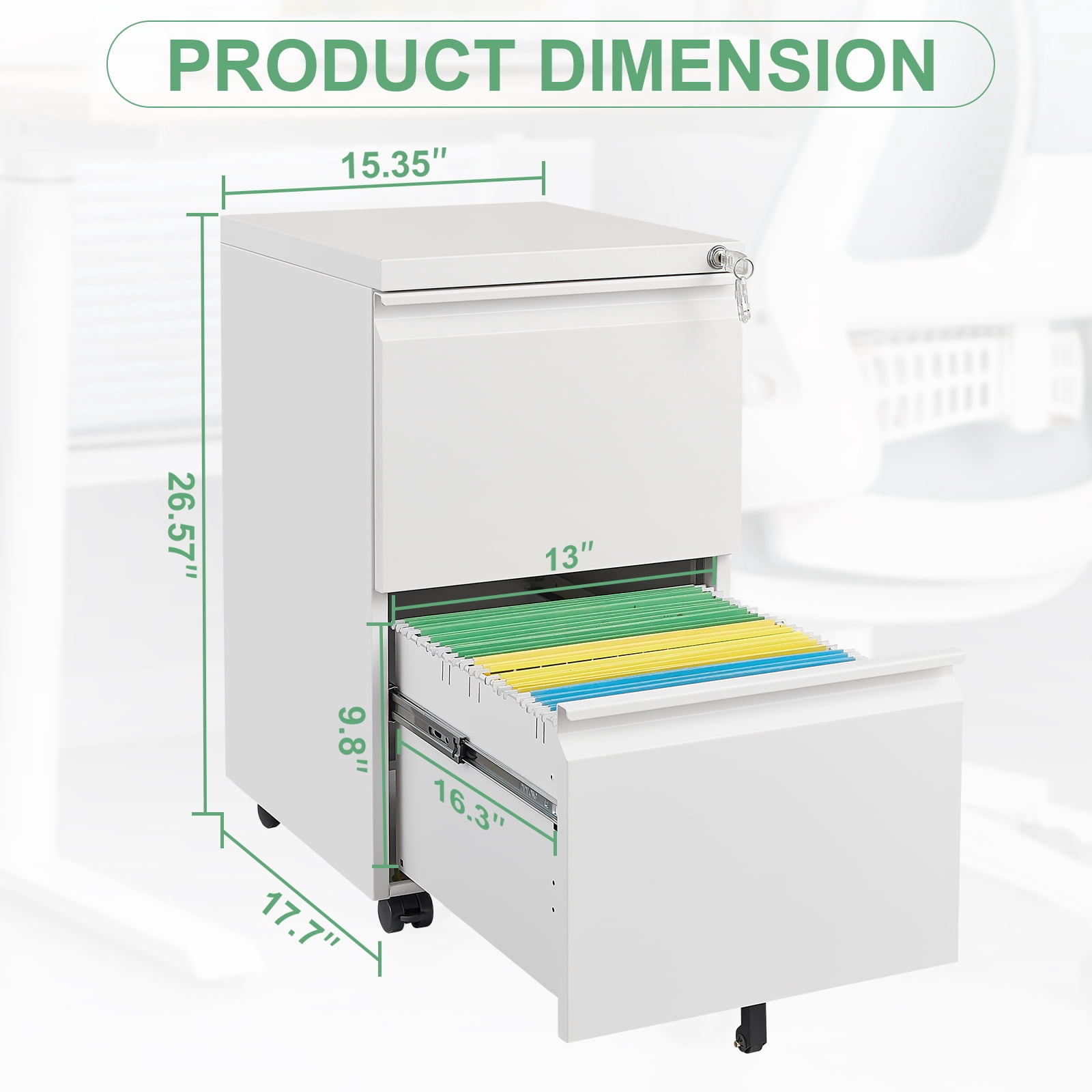 NICEGDLT 2 Drawer Mobile File Cabinet,Under Desk Anti-tip Files Cabinet,Metal Storage Filing Cabinet with Lock and Wheels,Office Storage Cabinet for Legal/Letter/A4 File,White