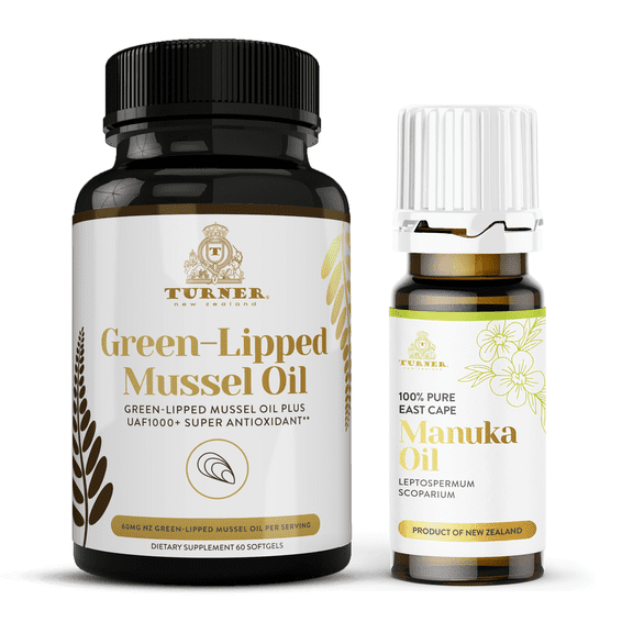 TURNER New Zealand OMEGA-3 Green Lipped Mussel Oil, 53x Higher potency for Superior Joint Comfort & Mobility, No Fishy Aftertaste, 1 Bottle, 60 Softgels plus 1 Bottle of Manuka Oil