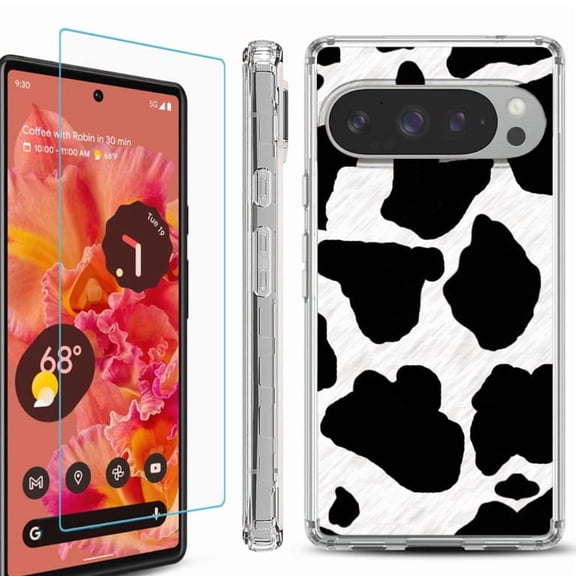 For Google Pixel 9 / 9 Pro Phone Case Cover, Shockproof Bumper Case with Tempered Glass Screen Protector, by OneToughShield - Cow Skin Design