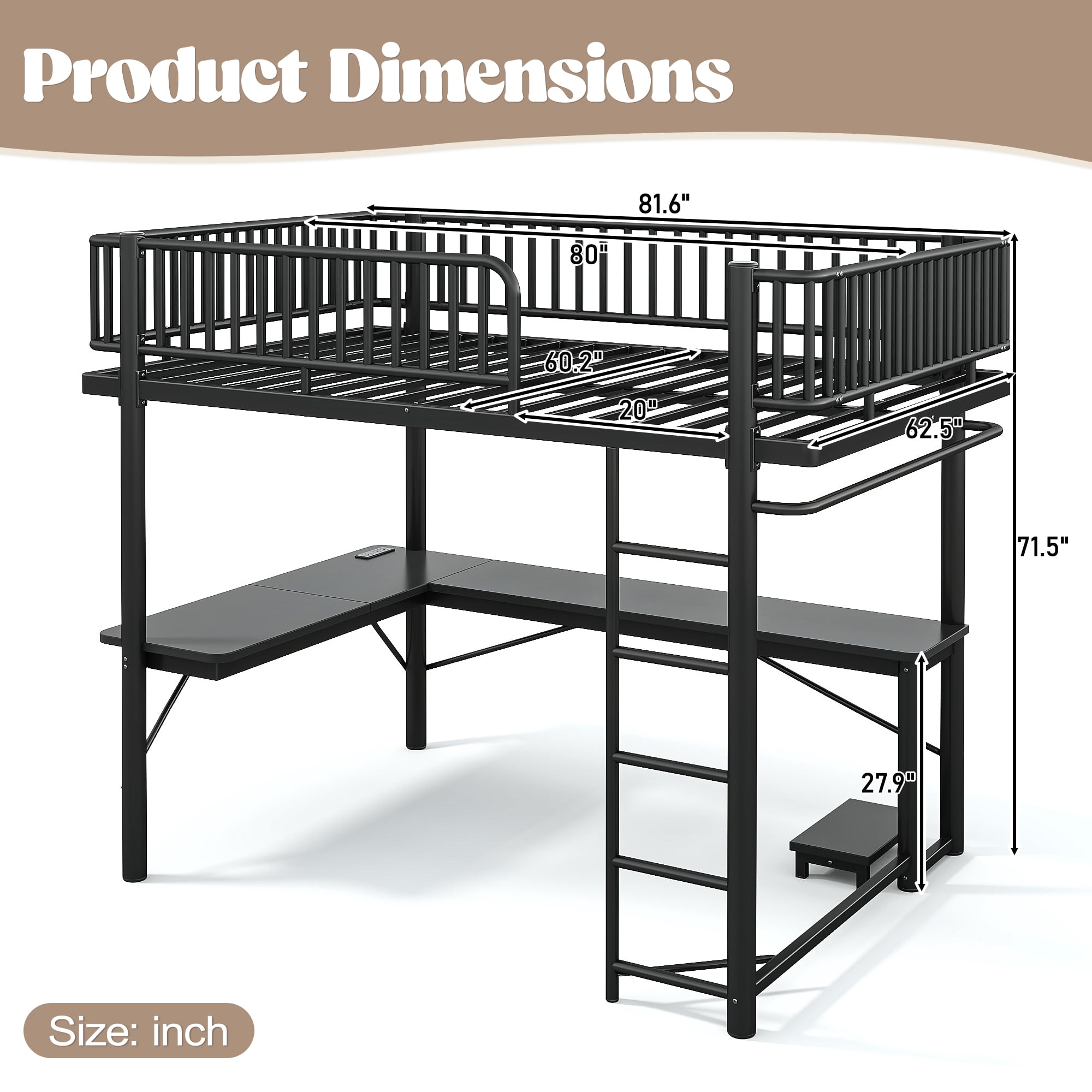 Mintazer Queen Metal Platform Loft Bed with L-Shaped Desk, LED Lights, Charging Station, Hanging Pipe, Safety Rail & PC Tray, Black