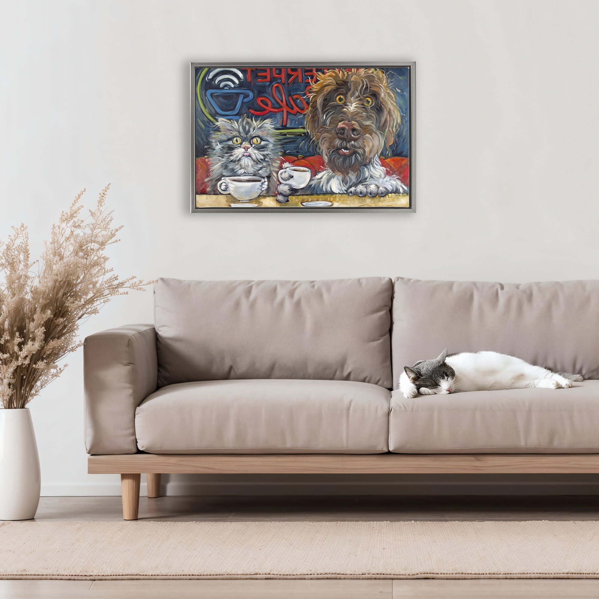 Stupell Industries Pets Wired At The Cafe Gray Framed Floater Canvas Wall Art, design by CR Townsend