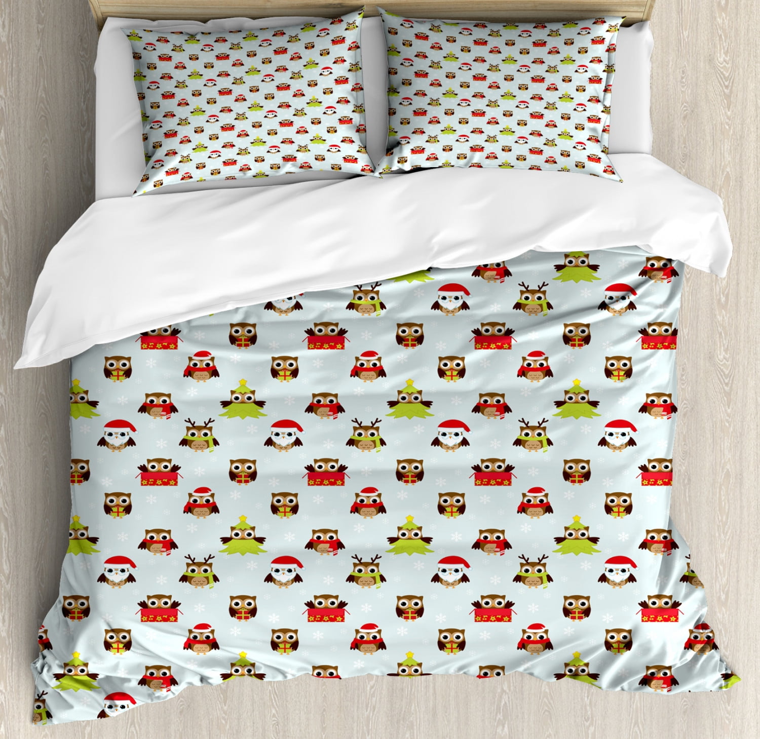 Owls Duvet Cover Set Queen Size, Christmas Theme with Sweet Celebration