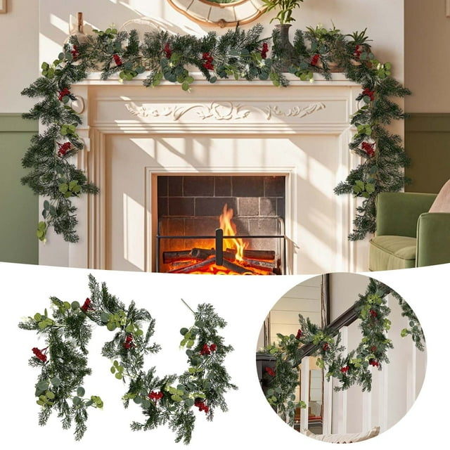 Guirlande de Noël Artificielle 6 Pieds de Long Faux Baies Rouges Réalistes Verdure avec Baies Rouges pour Décoration de Noël Intérieur Extérieur Guirlandes d'Arbre de Noël pour Escalier Cheminée Manteau Décoration de Vacances