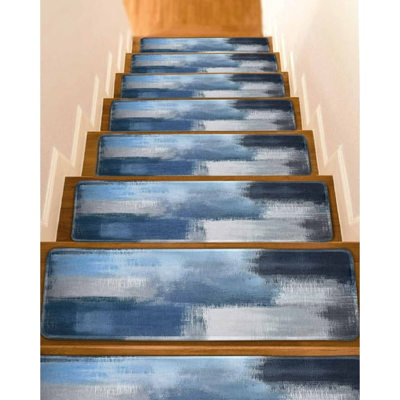 Abstract Blue Stair Treads for Wooden Steps Indoor Runner Rug Carpet, Gradient Neutral Brush Strokes Artwork 4 Pieces Peel and Stick Staircase Step Treads Covers Washable Throw Door Mats, 30"x8"