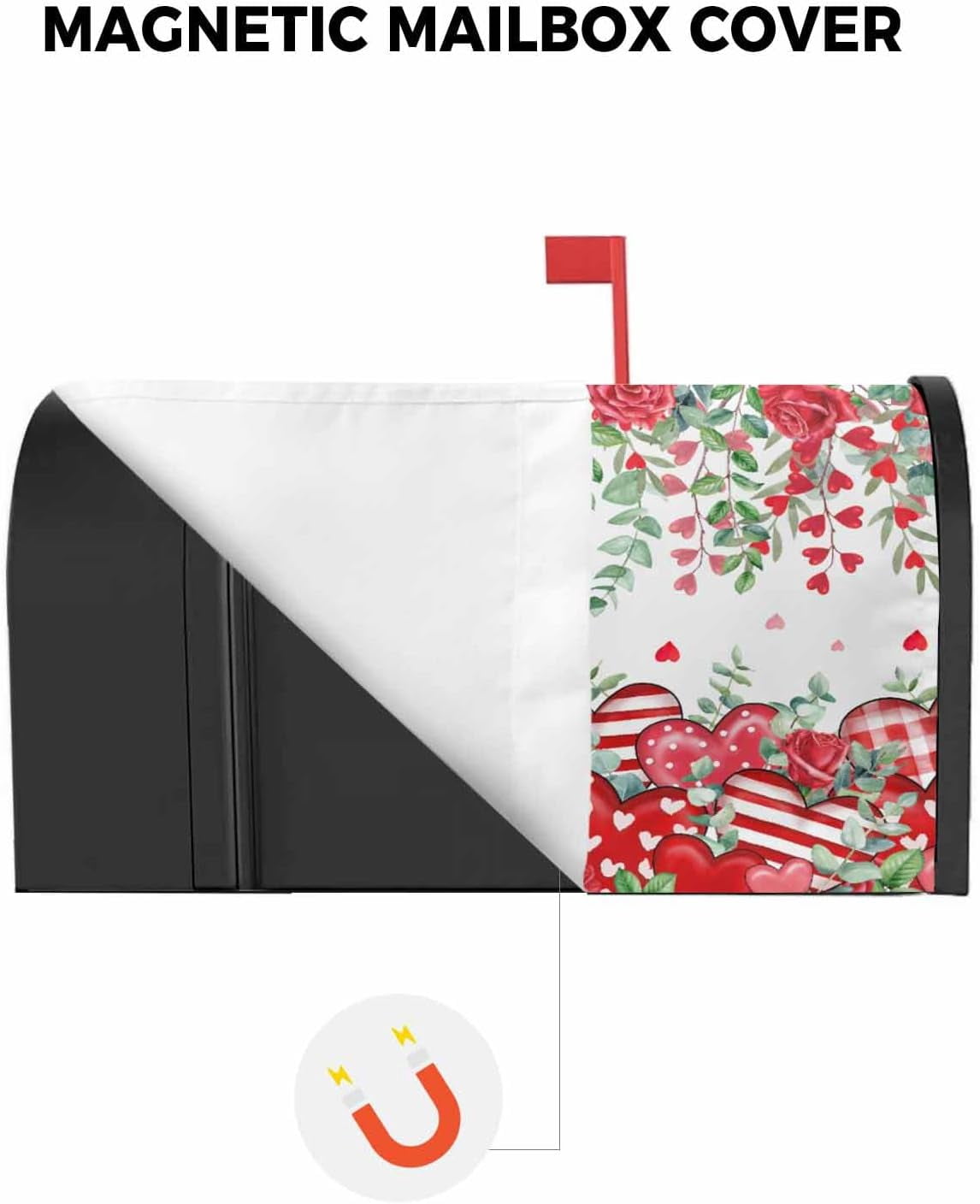 Valentine''s Day Red Love Heart Mailbox Cover Rose Floral Magnetic Mailbox Wraps, Eucalyptus Leaves Mailbox Covers Large Size 21x25.5 Inch Mail Wrap Post Letter Box Decoration for Outdoor Gardern Yard