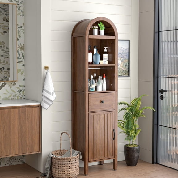 Tall Bathroom Storage Cabinet with Adjustable Shelves, Narrow Arched Freestanding Organizer with Fluted Doors, Walnut