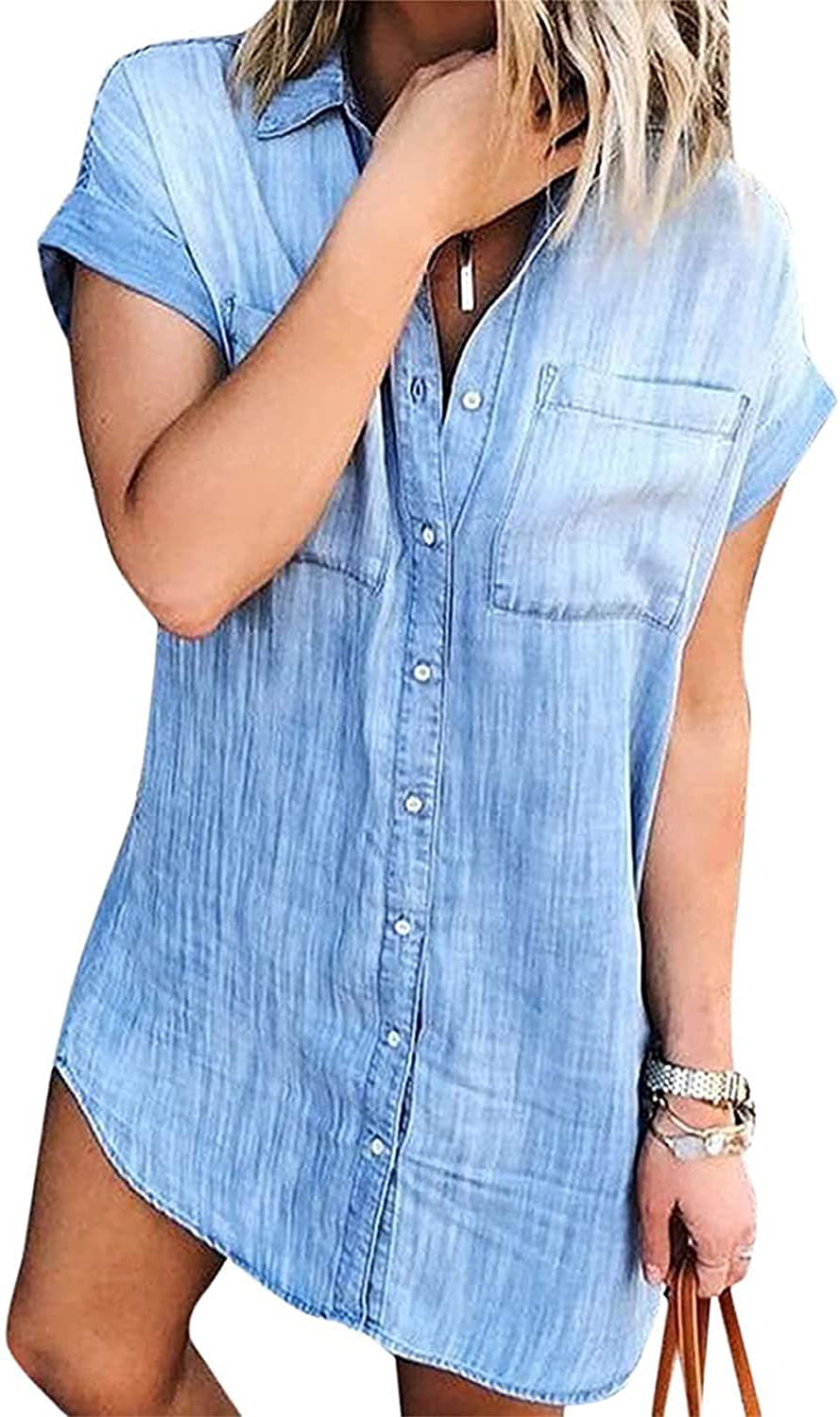 Women Summer Short Sleeve Denim Shirt 